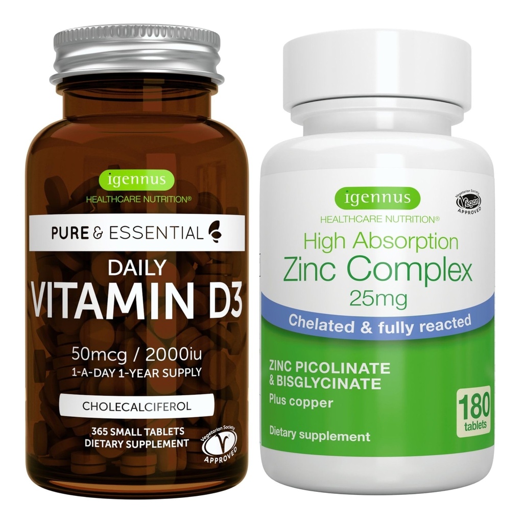 Igapäevane D3-vitamiin + tsinkkompleks taimetoitlane Bundle, 365 2000iu D3-vitamiini tabletid + 25mg kelaaditud tsinkpikolinaat & bisglütsinaat vasega, autor Igennus