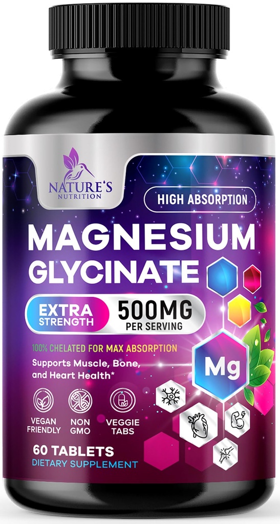 Magneesiumglütsinaat 500mg - Kelaaditud Ultra Absorption - toetab luu, lihaste, närvide ja südame tervist, looduse unetugi, parimad magneesiumi toidulisandid kogu keha toetamiseks - 60 tabletti