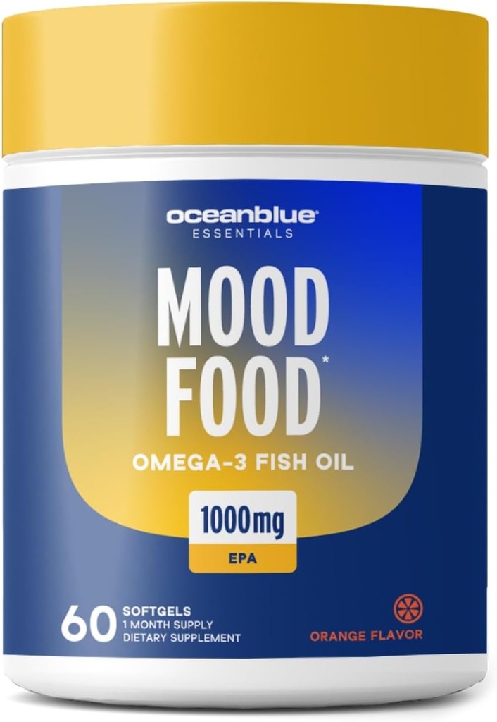 Oceanblue Essentials Mood Food Omega 3 | Triple Strength Fish Oil 1000mg EPA Mood Support | Burpless Mini Softgels | Heart Health, Non-GMO (60 Count)