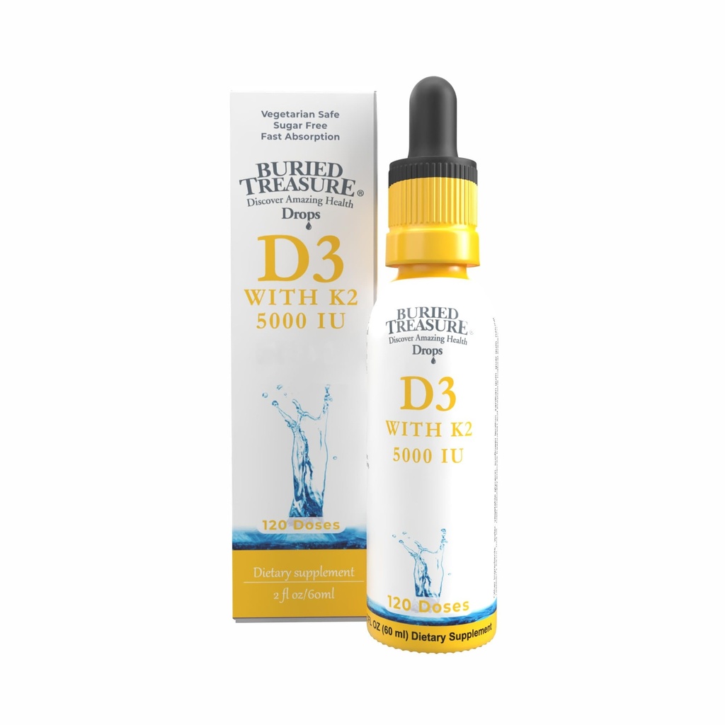 Maetud aare D3-vitamiin ja K2 tilgad - 5000 IU D3 koos 100 mcg K2 luu, südame ja immuunsüsteemi tugi, suhkruvaba, 2 fl oz
