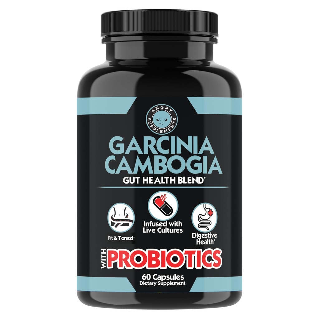 Angry Supplements Garcinia Cambogia with Probiotics, Gut Health Multivitamin w. Vitamins A, C, D, E, K, B2, Zinc, Selenium, Copper, Chromium + Herbal Blend Capsules (1-Bottle, 60ct)