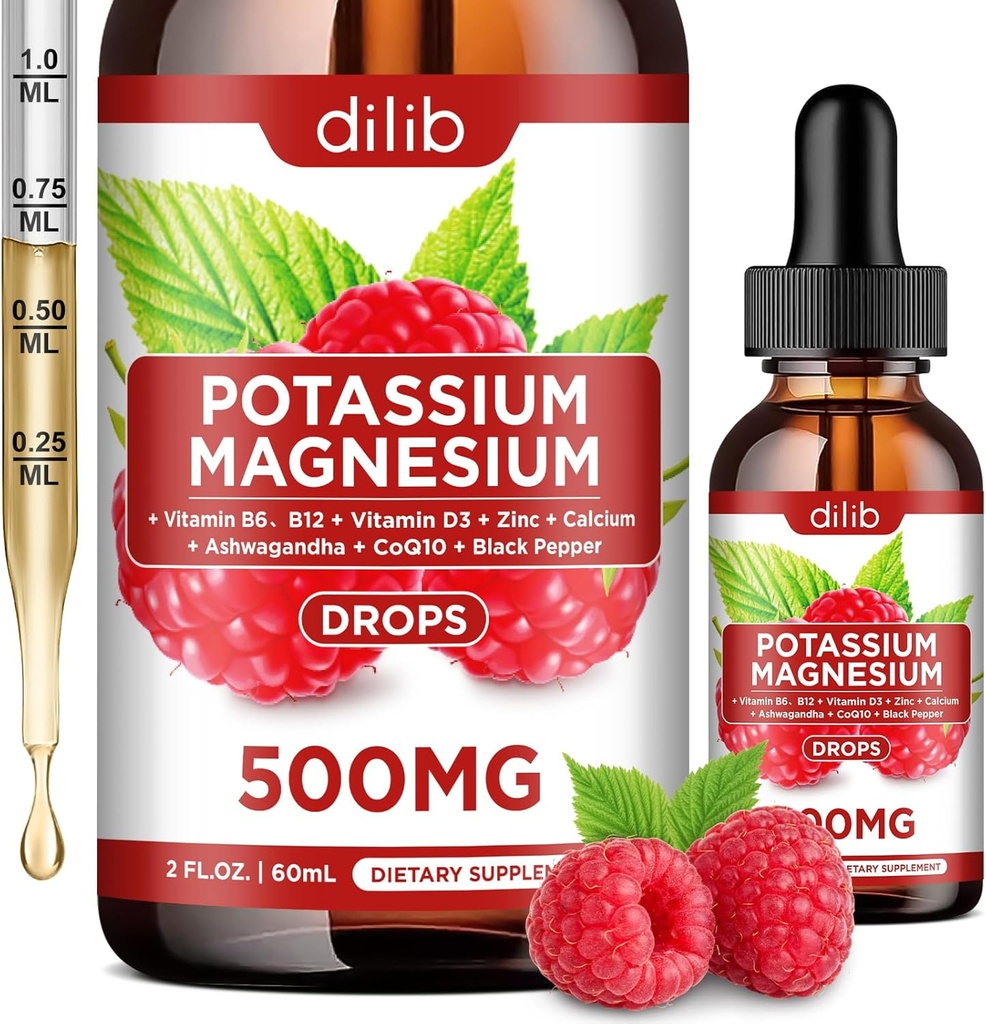 Kaaliummagneesiumtsitraadi lisand, vedel magneesiumtsitraat tilgad 500mg ashwagandha, kaltsiumi, tsingi, vitamiini D3, B6, B12, CoQ10 - Vegan 2 fl oz Vaarikamaitsega