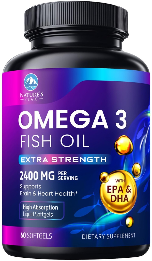 Omega 3 kalaõli 2400 mg toidulisand, jätkusuutlikult hangitud, kolmekordne tugevus Omega-3 toidulisand softgels, aju tervise tugi, EPA & DHA kalaõli rasvhapete toidulisandid, Gluteeni ja GMO-vaba, 60 Softgels