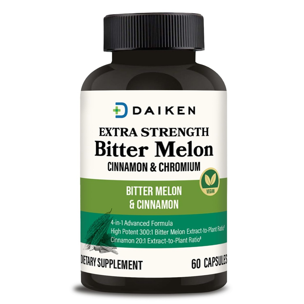 DAIKEN Bitter Melon , Cinnamon & Chromium , 90 000 mg ekvivalent iga serveeritava lisatugevuse kohta , 100% taimse kibeda melonikapslid kaneelkroomi & tsinkiga , 60 kapslit