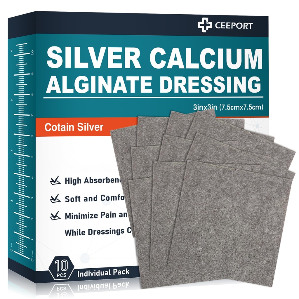 Ag Silver Calcium Alginate Haava Kleitpadjad 3'' x 3'' (10. pakk), Pehme Väga Absorbent Hõbehaavade Kleitmine, Mittekleepuv Riietus Haavahoolduseks, Valutu Eemaldamine Gauze Pads haavadele