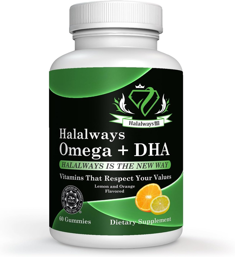 Halalways Omega + DHA Gummies - kolmekordne tugevus Omega 3 kalaõli kummi vitamiinid DHA rasvhapetega, looduse südame tervis, apelsin ja sidruni maitse sertifitseeritud halal täiendus