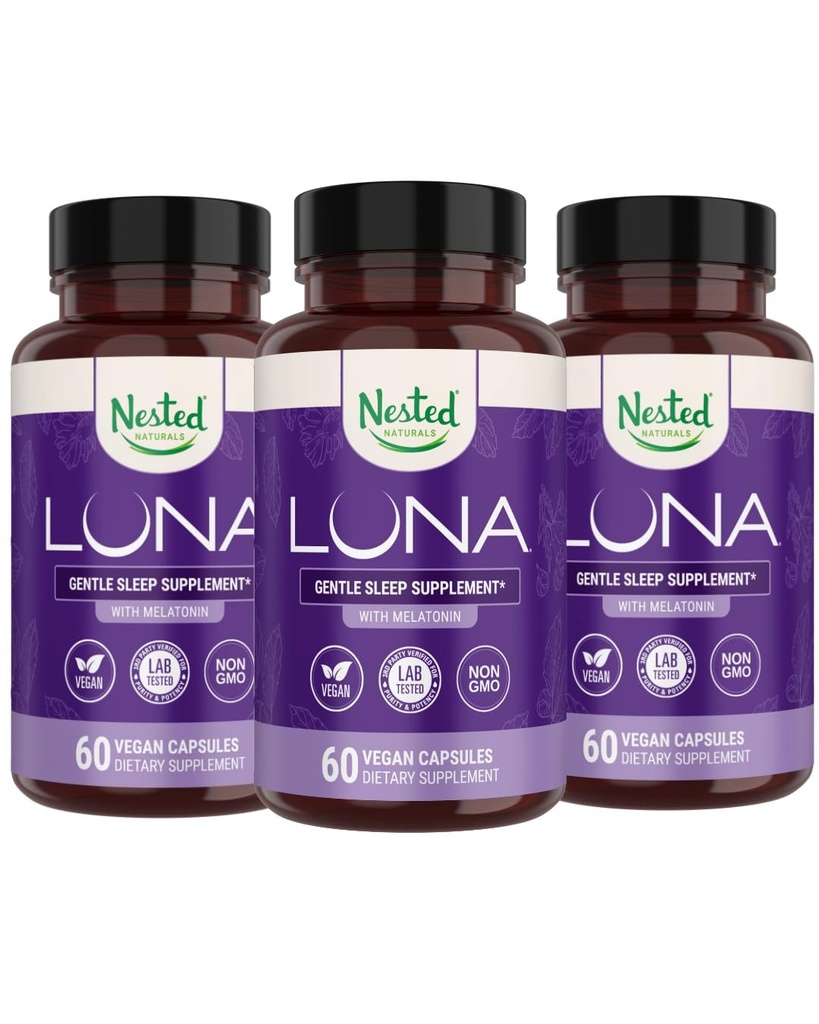 Pesastatud looduslikud Luna taimsed unelisandid melatoniiniga, Valerian Juur, kummel | 180 vegankapslit (3-Pack) - 60 kapslit pudeli kohta