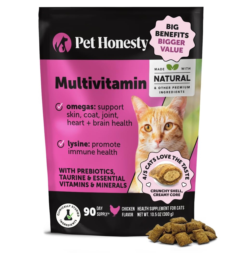 Kassi multivitamiini närimiskoogid - kassi ravib terviseks + immuunsus, ühine tugi, nahk ja kate ja seedimine - omega 3s, lüsiin ja probiootikumid kassidele, vitamiinid kassidele - kana (90-päevane pakkumine)