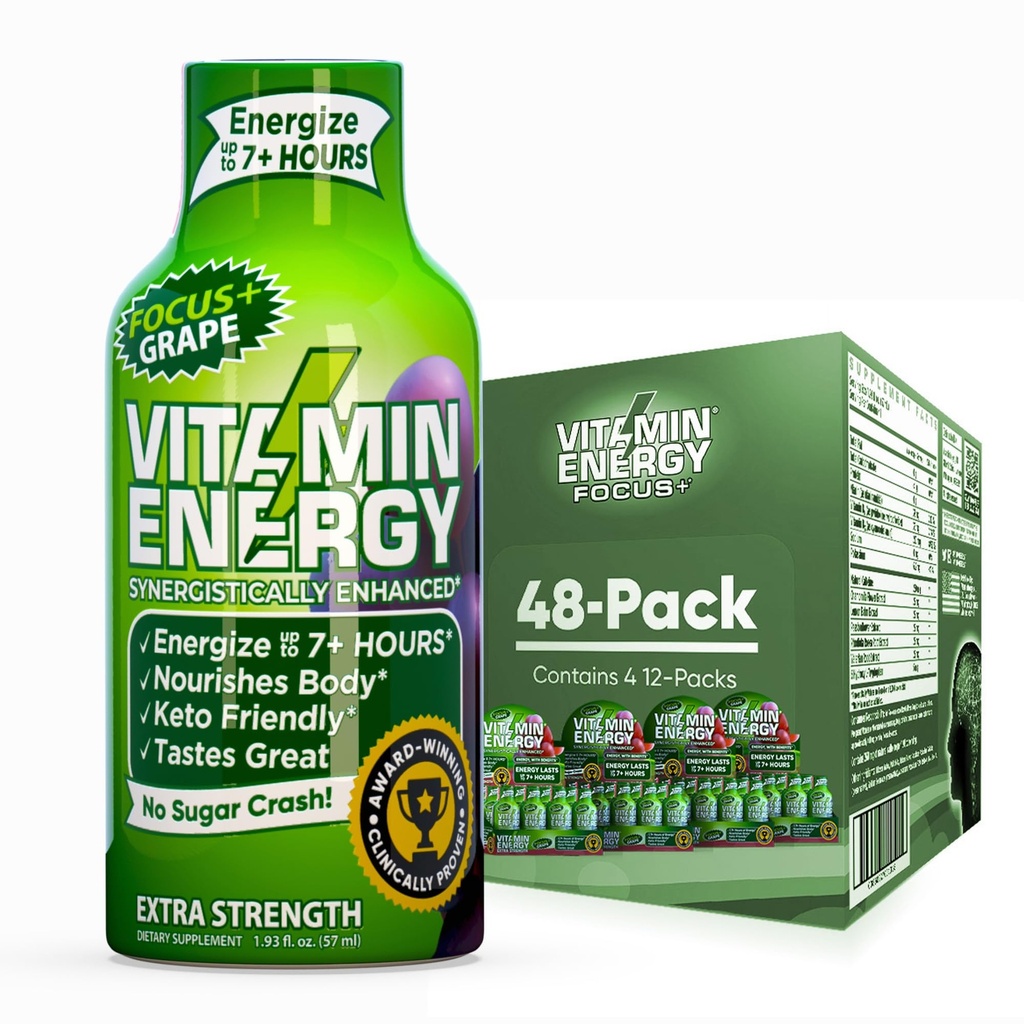 Vitamin Energy Focus+ Extra Strength Energy Shot Grape 48 Pack, 260mg Natural Caffeine, B-Vitamins, CoQ10, Amino Acids, Focus, Productivity & Clarity, Zero Sugar, Gluten-Free, 1.93 fl oz