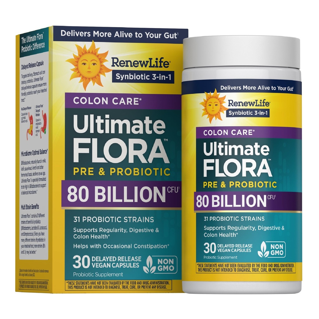 Renew Life Probiootiline Colon Care Probiootiline Kapslid, Daily Supplement pakub Colon Support, L. Rhamnosus GG, Dairy, Soja ja gluteenivaba, 80 miljardit CFU, 30 Count