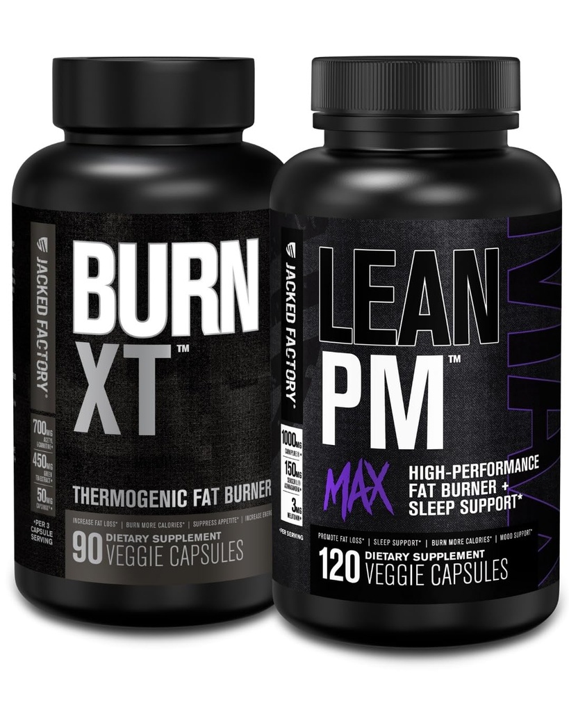 Jacked Factory Burn XT termogeenne rasvapõletaja - isu vähendav ja nootroopne energiavõimendaja (90 kapslit) & Lean PM Max suure jõudlusega kaalulangus, unetugi | (120 kapslit)