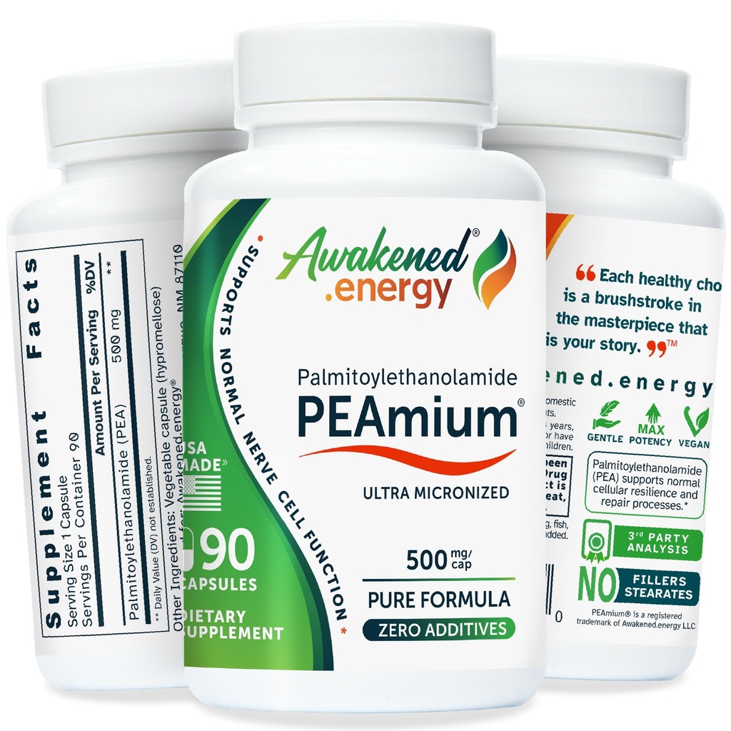 Palmitoylethanolamide 500mg Comfort Mobility Nerves Cognitive & Immune Support - Micronized High Absorption - All Natural Pea - USA Made - No Additives or Excipients – 90 Vegan Capsules Supplement