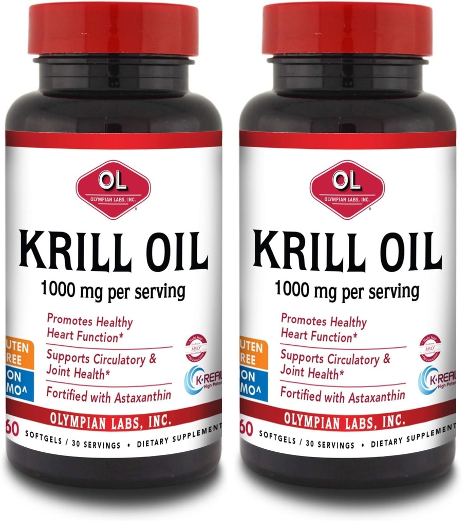 Olympian Labs Antarktika krillist õli, 1000 mg kapslid astaksantiiniga, Omega-3, EPA, DHA, Immuun, liigese ja aju tugi, 60 Softgels (pakk 2)