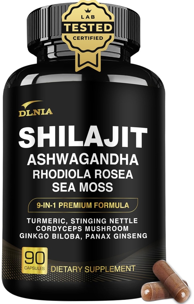 DLNIA Shilajit 9-in-1 Capsules – Organic Himalayan Complex with Ashwagandha, Sea Moss, Turmeric & More – Vegan, Lab-Tested, Immune & Energy Support for Men & Women – 90 Capsules