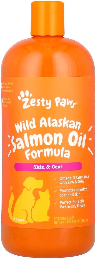 Zesty Paws Wild Alaskan Salmon Oil for Dogs & Cats - Omega 3 Skin & Coat Support - Natural EPA & DHA, rasvhapete ühine funktsioon, Immune & Heart Health Vedel toidulisand, 32 oz