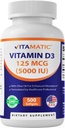 Vitamatic Vitamiin D3 5000 RÜ (125 mcg) - 500 Mini Softgels Oliiviõli baasil valem - Külmpressitud - 500-päevane pakkumine - toetab luu, lihaste ja immuunsüsteemi tervist - mitte-GMO ja gluteenivaba