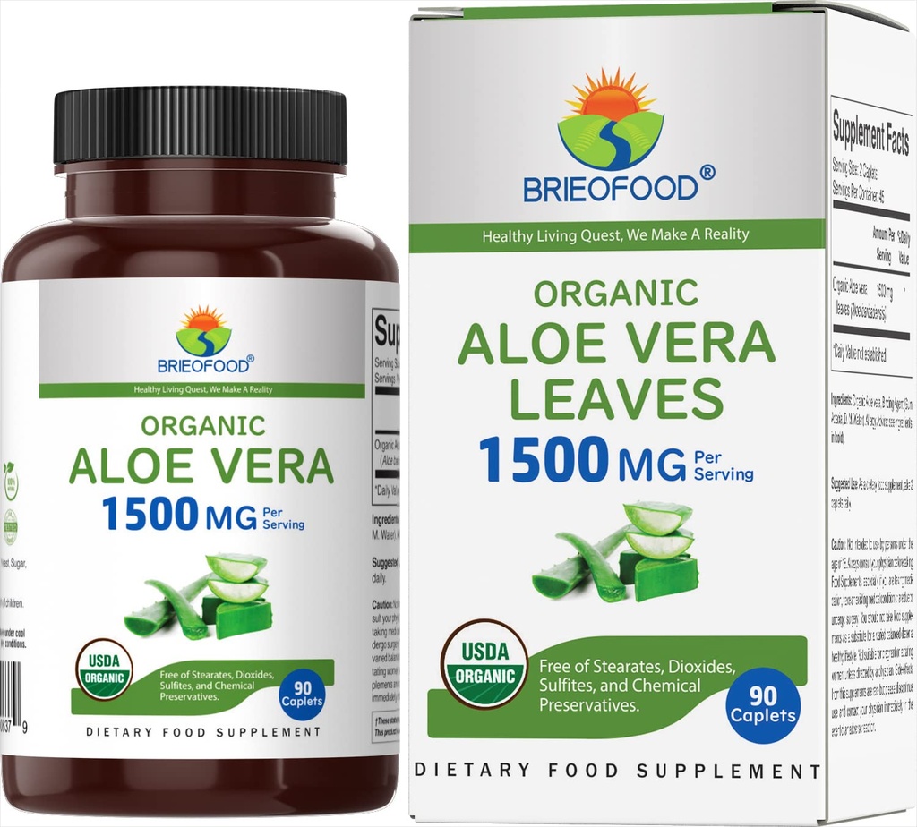 Brieofood Organic Aloe Vera 1500mg, 45 Servings, Taimetoitlane, Gluteenivaba, 90 Taimetoitlane tablett