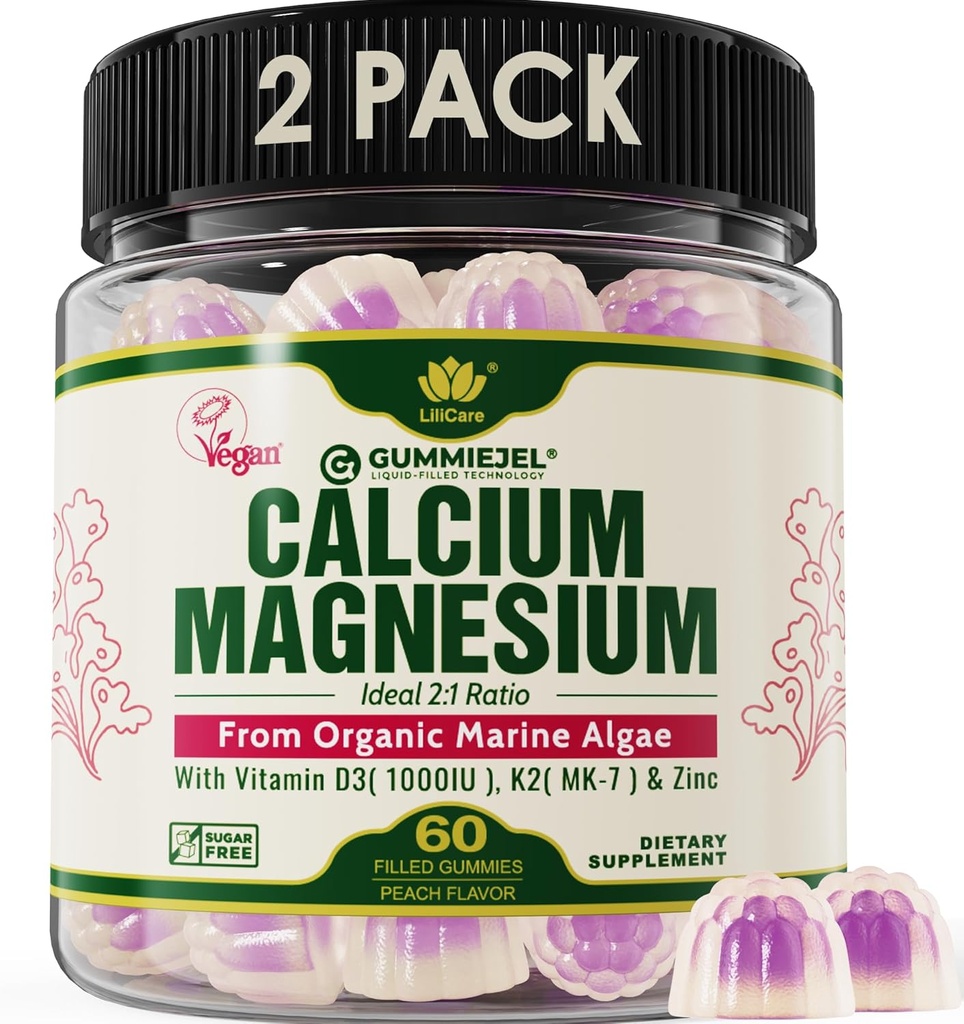 2 Pack - Taimne Kaltsium Gummies 600mg vitamiin D3 K2, Magneesium, tsink luu tugevust, suhkruvaba kaltsiumi täiendused naistele ja meestele (sertifitseeritud vegan) säästvalt orgaanilistest punastest vetikatest