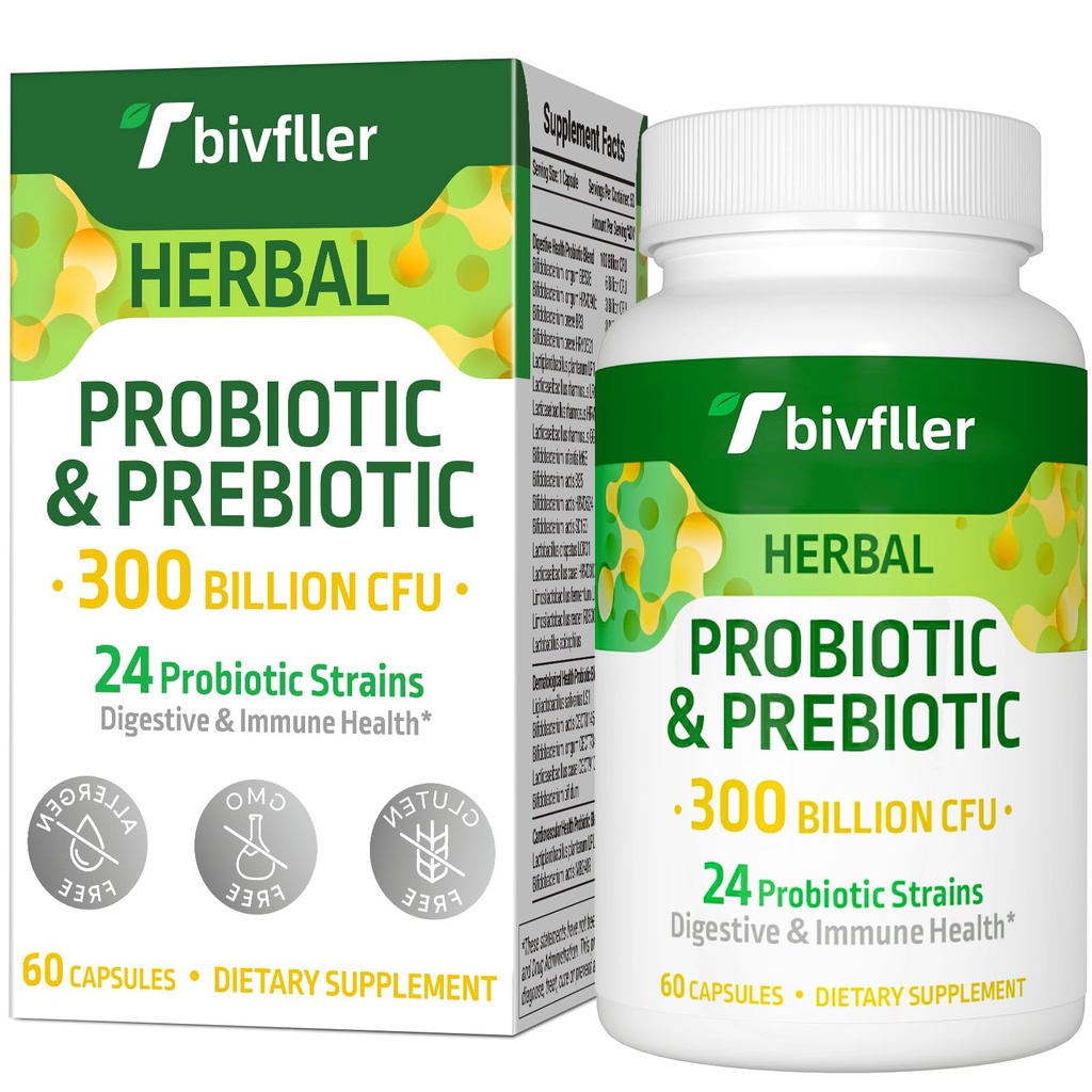 Probiootikumid naistele Mehed - 300 miljardit CFU, 24 tüve probiootikumid + 15 Orgaanilised maitsetaimed Prebiootikumid Blend, Pre ja probiootikumid, seedetrakti tervise, immuunsuse ja soolestiku, kõhulahtisuse, puhituse, vegani, 2 kuu pakkumine