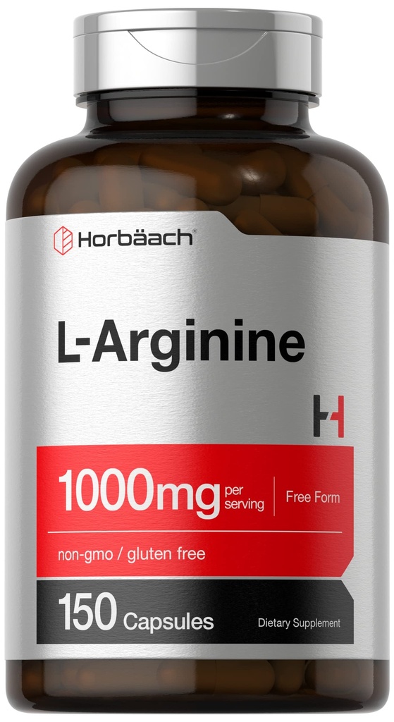 Horbäach L-arginiin 1000mg | 150 kapslit | Vabas vormis toidulisand | Mitte-GMO & Gluteenivaba