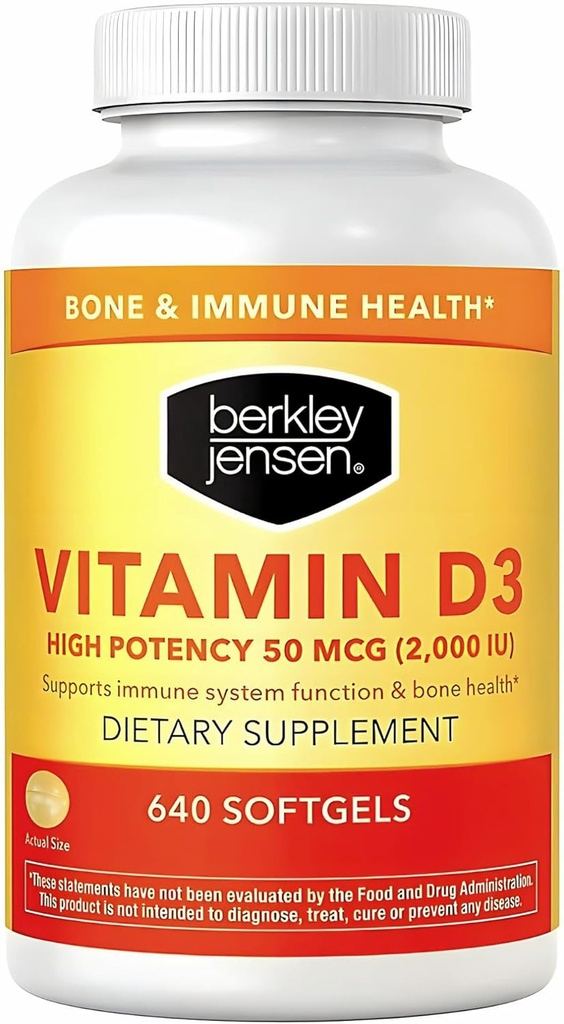 Berkley Jensen kõrge tugevusega vitamiin D3 2000IU (50 mcg) (640 Softgels), toidulisand hammastele, lihastele, immuunfunktsioonile ja luu tervisele, meestele ja naistele, valmistatud USAs, 640 päeva pakkumine