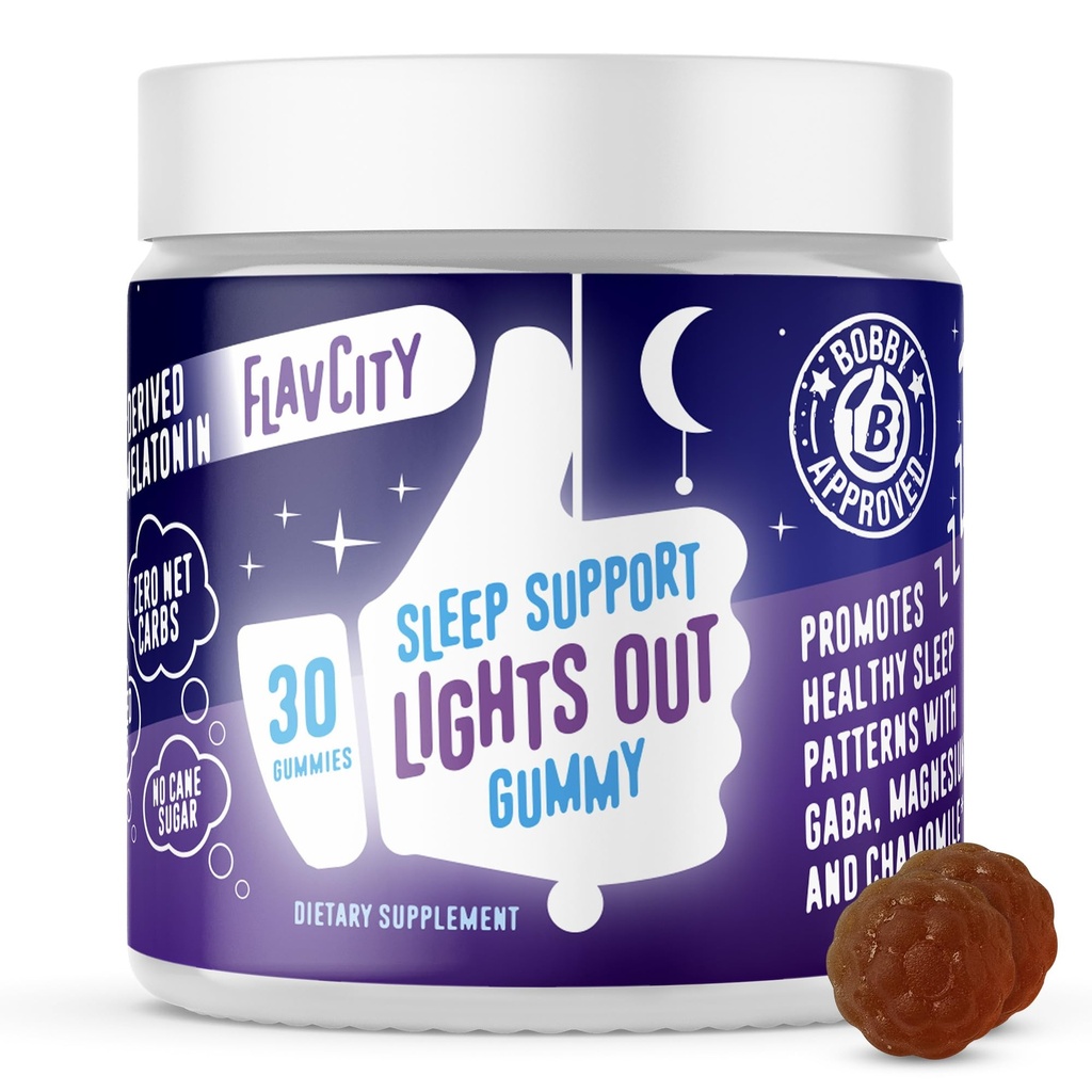 FlavCity Melatoniin Sleep Gummies täiskasvanutele, Lights Out Gummy - närimiskõlblik unetoetuslisa koos taimepõhise GABA, magneesiumi ja kummeliga sügavaks ja rahutuks magamaminekuks, 30-päevane pakkumine