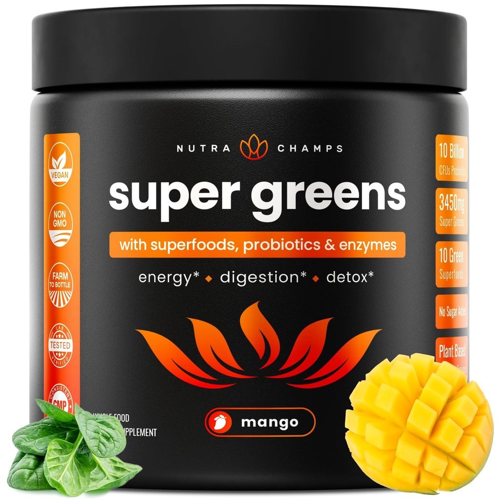NutraChamps Super Greens Powder Premium Superfood | 20+ Organic Green Veggie Whole Foods | Nisurohi, Spirulina, Chlorella | Antioksüdant, seedeensüüm ja probiootilised segud (9,0 OZ, Mango)