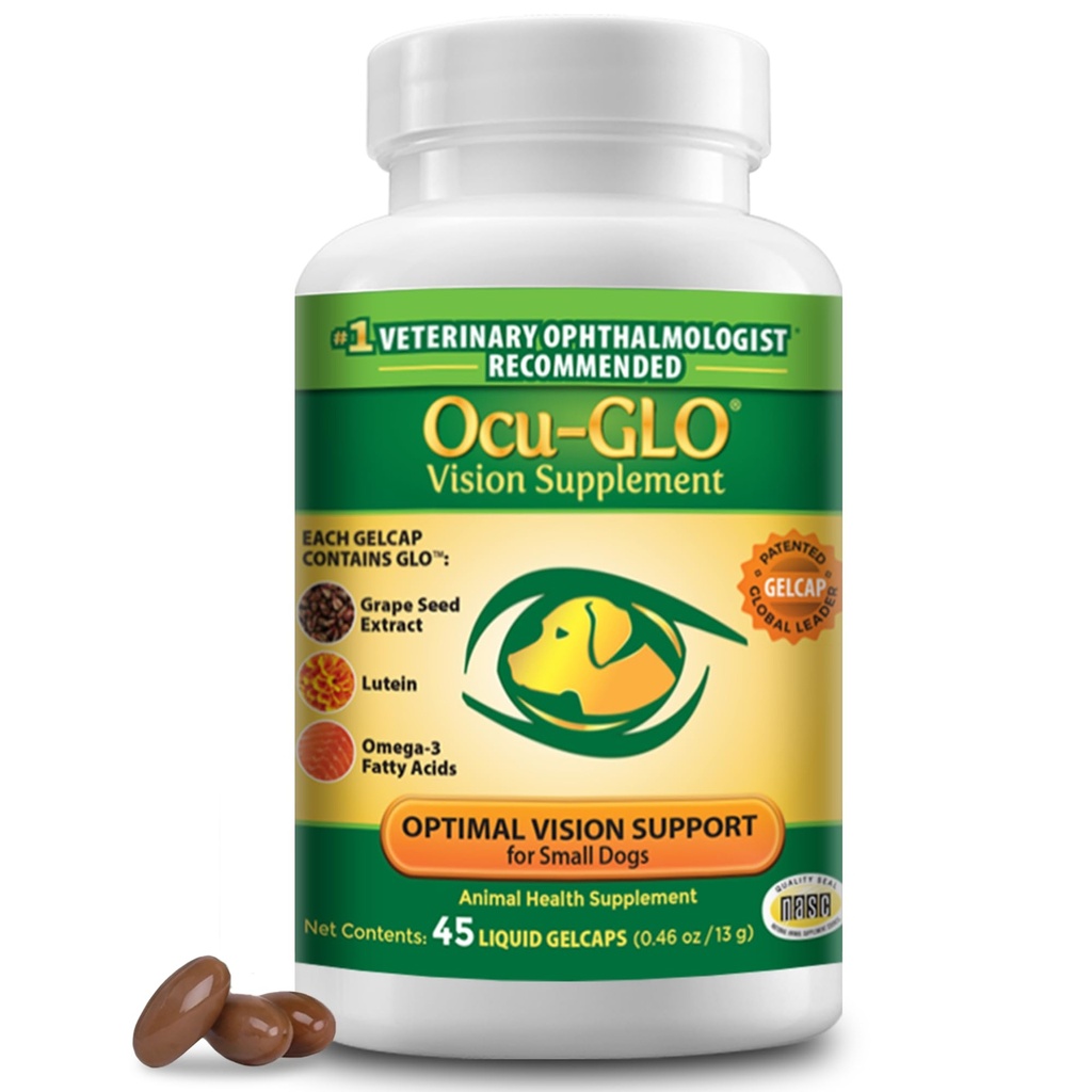 Ocu-GLO nägemise lisand väikestele koertele loomade vajaduste järgi luteiini, oomega-3 rasvhapete, viinamarjaseemnete ekstrakti ja antioksüdantidega silmade tervise edendamiseks koertel, 45ct vedelad geelkapslid