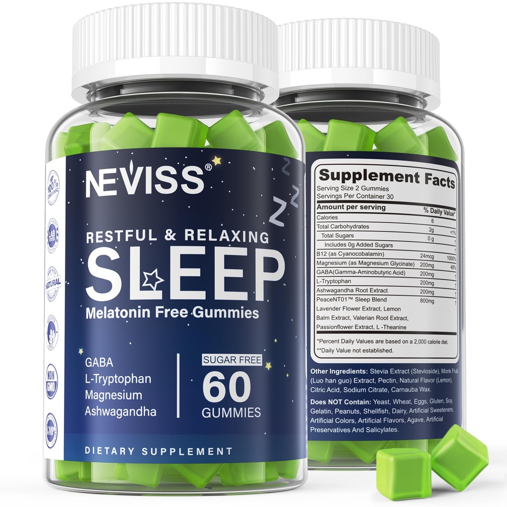 NEVISS Melatoniin Tasuta Sleep Aid Gummies täiskasvanutele - Magneesium Glütsinaat Gummies | GABA, L-trüptofaan, magneesium, Ashwagandha - Mitte-Habit Forming, Abi sügavaks lõõgastumiseks - Vegan, Sidrun Maitse, 1Pack