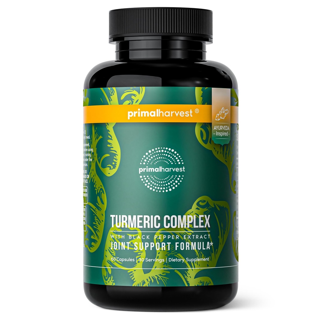 Primal Harvest 1 Pack, Primal Turmeric Complex w/Black Pepper Extract, Joint and Mobility Support Turmeric Supplement for Women & Men, 60 Capsules