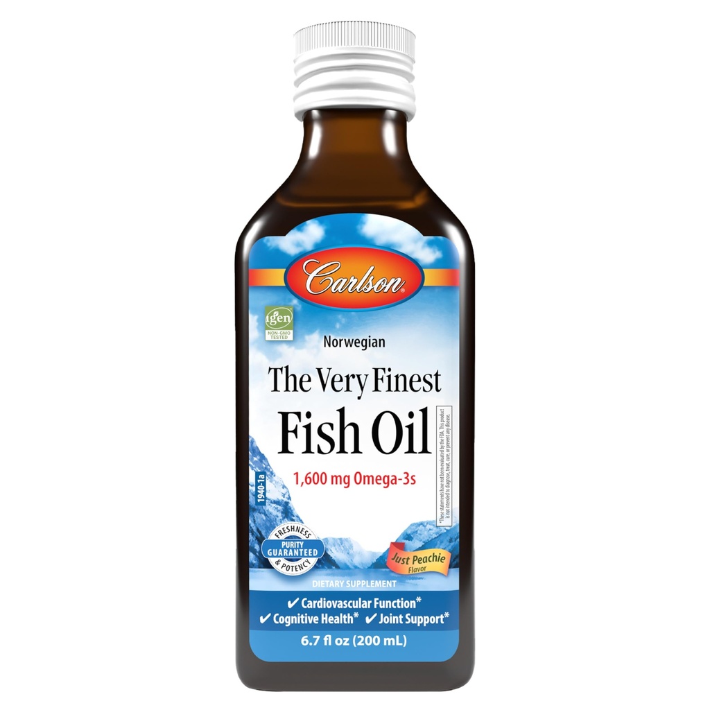 Carlson - The Very Finest Fish Oil, 1600 mg Omega-3s, Vedel Kalaõli Lisand, Norra Kalaõli, Looduslikult püütud, Jätkusuutlikult Allikas Fish Oil Vedel, Just Peachie, 200 ml (6,7 Fl Oz)