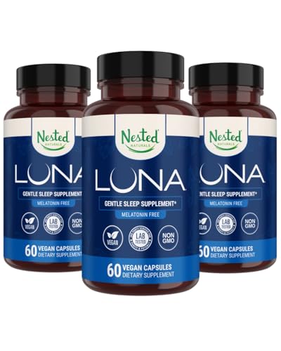 Nested Naturals Luna melatoniini vaba, mitte-Habit moodustav taimse une täiendus w / Camomile, Valerian, L-Theanine, 180 Vegan kapslit (60 kapslit pudeli kohta)