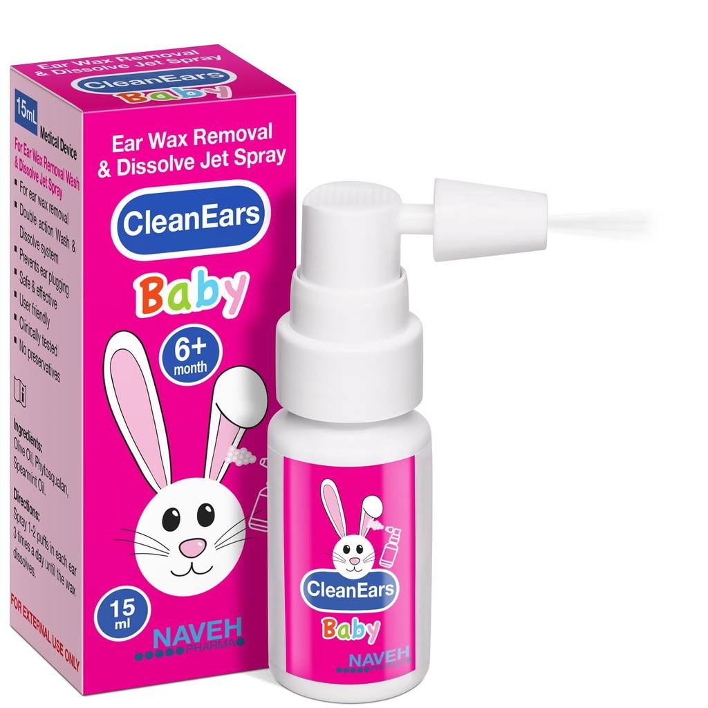 NAVEH PHARMA® CleanEars Baby | Kiiretoimeline Kõrvavavaha Eemaldamine Spray | Puruneb & Lahustub Kõrvavavaha Just 1 ravi | Kliiniliselt tõestatud, et olla 300% tõhusam | Mineraalõli, õrn & ohutu | 0,5 OZ