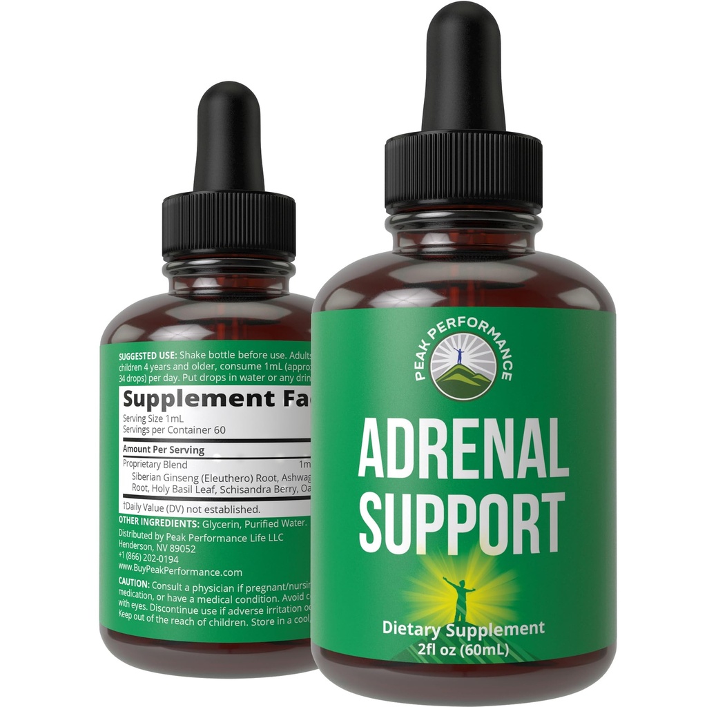Peak Performance Adrenal Support Supplements to Restore Energy from Adrenal Fatigue. Liquid Drops Complex for Women and Men. Supports Healthy Cortisol Management. Supplement with Adaptogens