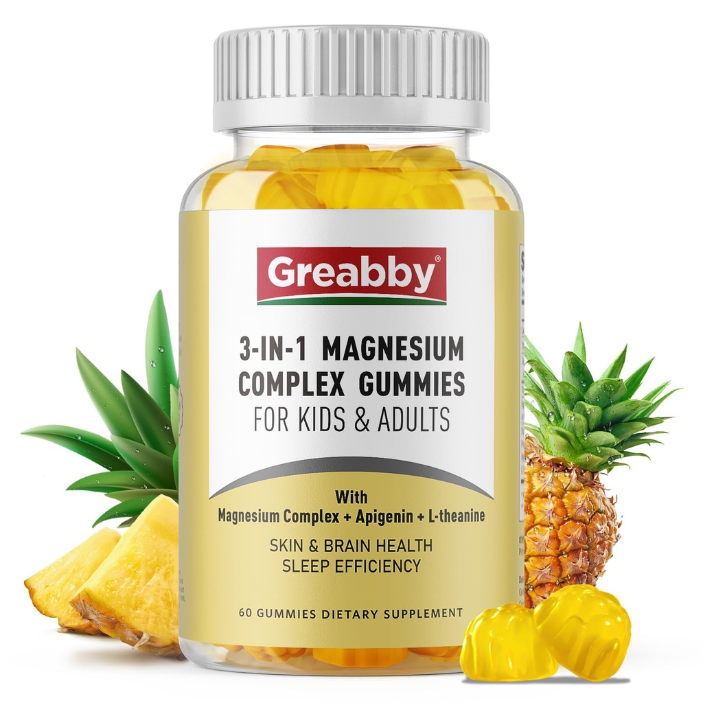 Triple Magnesium Complex Gummies - 800mg Magneesium Glycinate & Citrate, Apigenin & L-Theanine, lastele ja täiskasvanutele, loomulikult magavad ja lihaskrambid (60 Count)