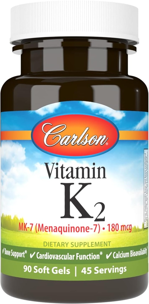 Carlson - vitamiin K2 MK-7 (menakinoon), 180 mcg, luu tugi, kaltsiumi biosaadavus, K2 vitamiin, K-2, 90 Softgels