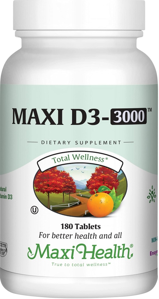 Maxi Health Vitamiin D3 3000 RÜ 75 mcg D-vitamiini lisand tervislikele luudele, hammastele, immuuntoetusele - VIT D3 täiendus, mida on lihtne alla neelata mitte-GMO, täiendus meestele ja naistele - Kosher (180 tabletti)