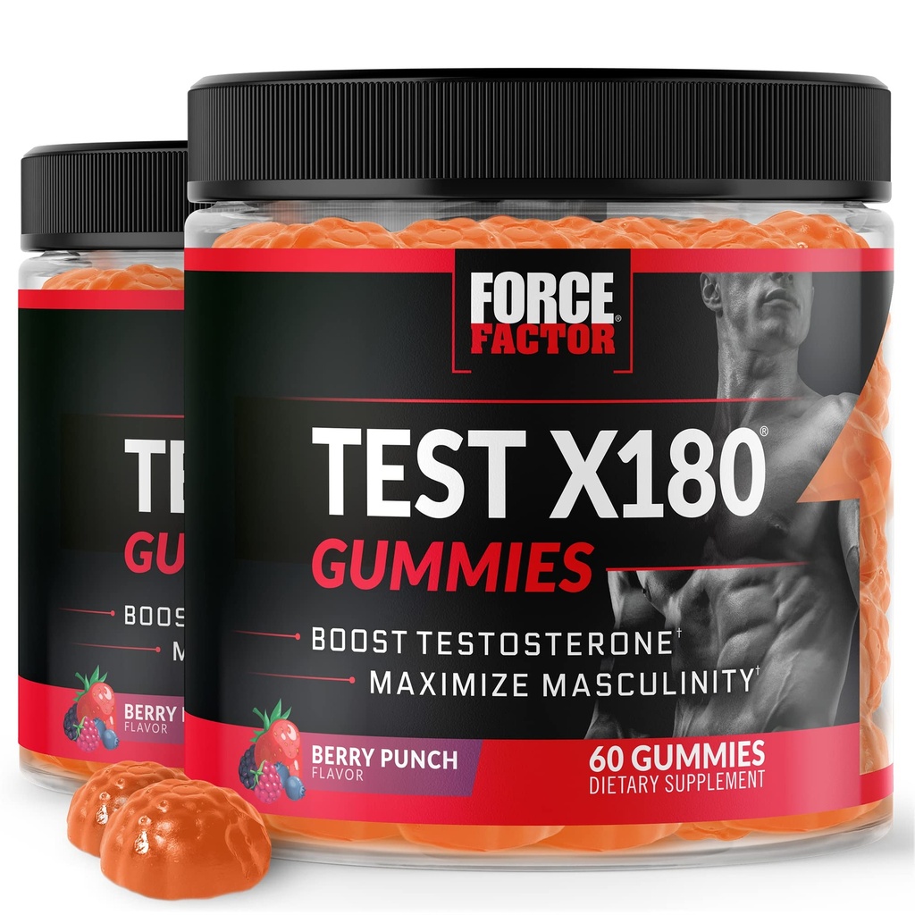 Force Factor Test X180 Gummies Testosterone Booster for Men with Tongkat Ali, Horny Goat Weed, Tribulus Terrestris, Fenugreek, & Black Maca, Testosterone Supplement for Men, Berry Punch, 120 Gummies