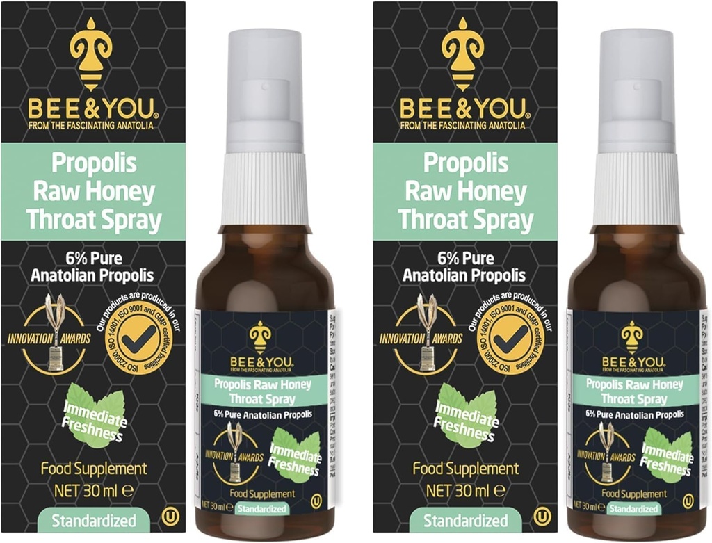Bee ja You Toores Honey Throat Spray, 100% puhas Propolis Extract, Immune Support, Hare Throat & Ummikud Relief, Suuline Tervis, Antioksüdandid, Natural, Keto, Paleo, Gluteenivaba | 1 FL Oz (pakk 2)