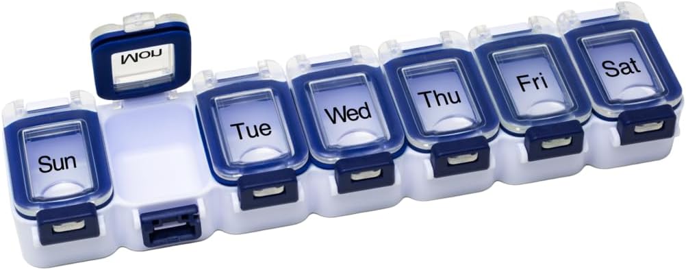 EZY DOSE Weekly (7-päevane) pillide planeerija, meditsiinijuhtum, vitamiinide organiseerija kast, veekindlad lukustuskomponendid retseptiravimite kindlustamiseks ja juhusliku leviku vältimiseks, sinine