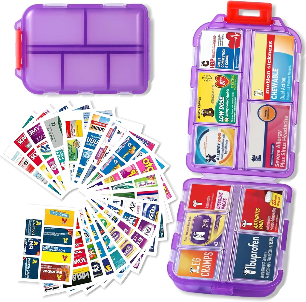 Pill Korraldaja koos ravimitega Sildid Reisi igapäevane pillide konteiner Mini Ravimite Korraldaja Ladustamine Pill Korraldaja Travel Essentials Pill Case 7 Day (Purple & 161 Lables)