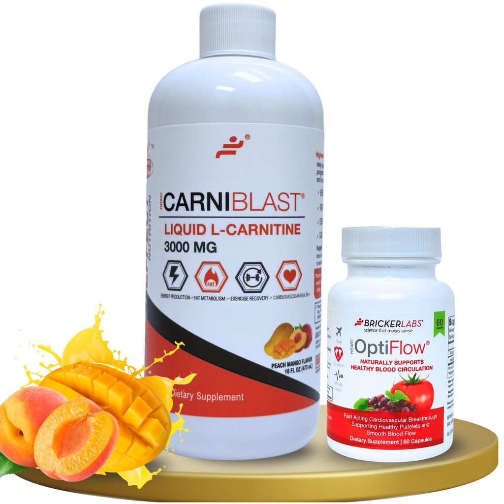 Bricker Labs Power and Performance Duo: Karniblast Vedel L-karnitiin 3000 mg & Optiflow Blood Flow Supplement, 60 kapslit