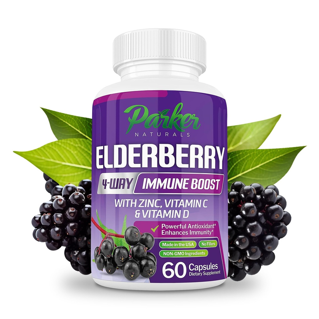 Parker Naturals Organic Elderberry kapslid, 4-Way Immune Boost Elderberries, Vitamiinid C, D & Zinc Support, 1260, 1 mg Elderberry Supplements täiskasvanutele, 60 kapslit