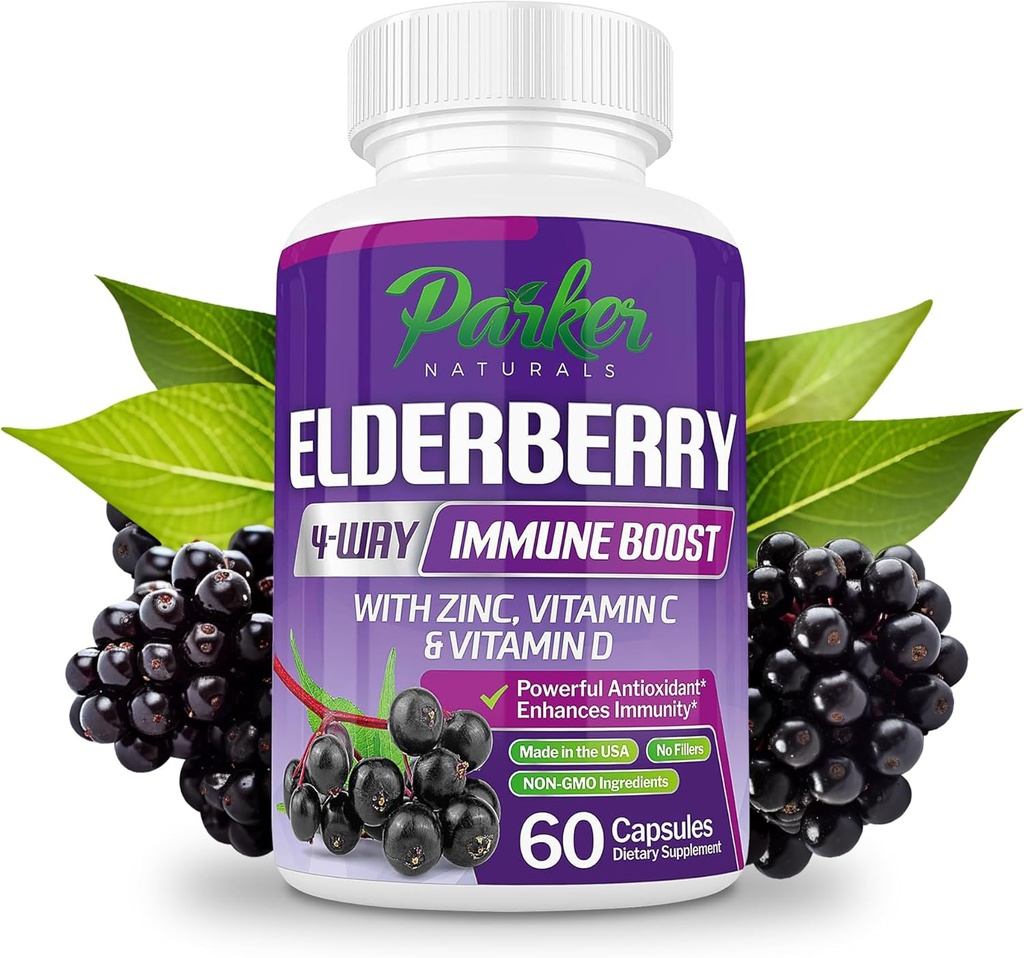 Parker Naturals Organic Elderberry kapslid, 4-Way Immune Boost Elderberries, Vitamiinid C, D & Zinc Support, 1260, 1 mg Elderberry Supplements täiskasvanutele, 60 kapslit
