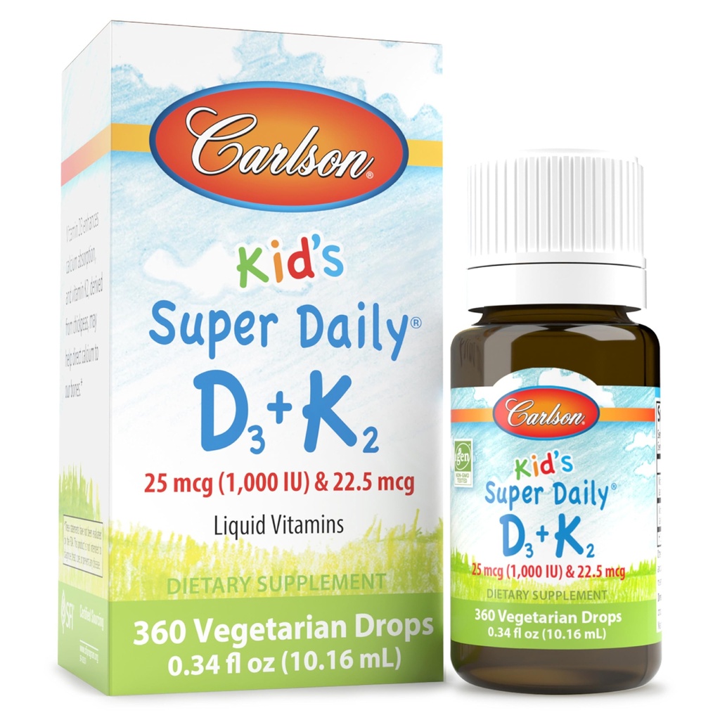 Carlson - Kid's Super Daily D3 + K2, 25 mcg (1 000 RÜ) D3 & 22,5 mcg K2, D-vitamiini tilgad K2-vitamiiniga, vedelad vitamiinid, 1000 RÜ D3-vitamiini, südame ja luu tervis, 1-aastane pakkumine, maitsestamata, 360 tilka