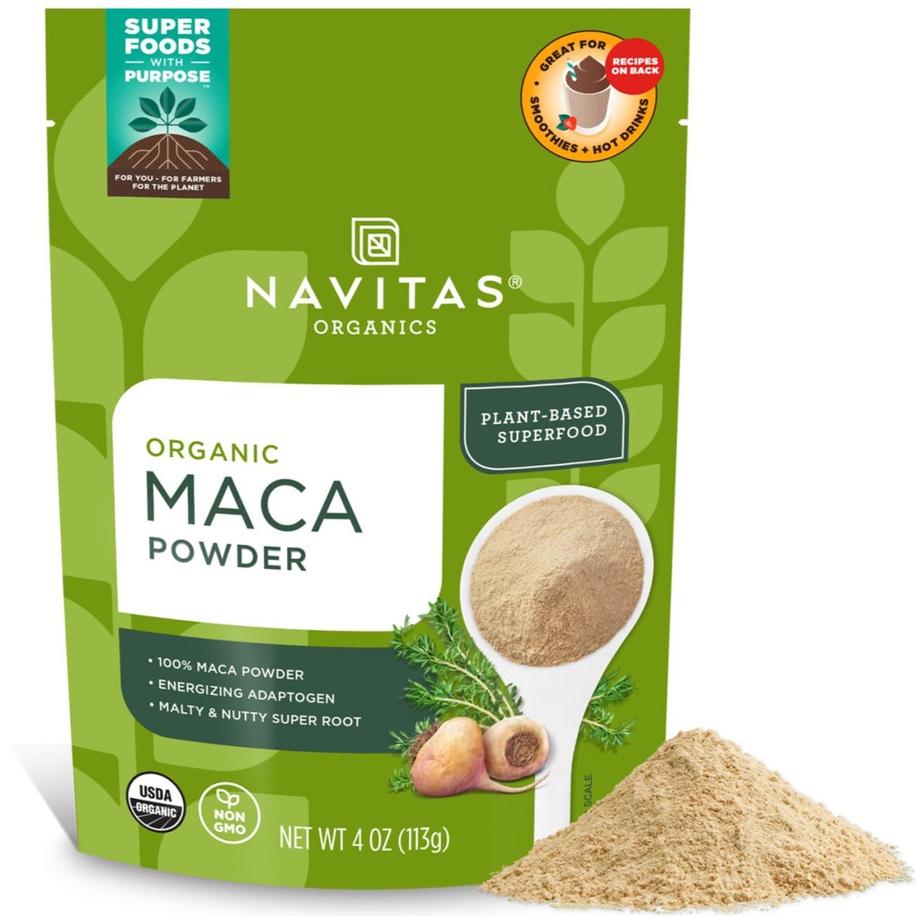 Navitas Organics Maca Powder - 100% želatiniseeritud Peruu Maca Adaptogen Smoothies, Lattes, Küpsetamine & More - Energize & Balance - USDA Organic, Non GMO, Vegan, Gluten Free (4oz. Bag, 23 Servings)