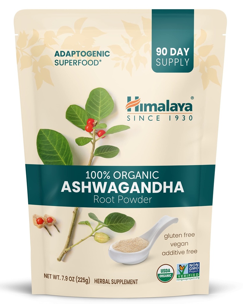 Himalaya 100% USDA Certified Organic Ashwagandha Root Powder Herbal Supplement, Supports Relaxation, Stress Relief, Energy, Occasional Sleeplessness, Non-GMO, Vegan, Flavorless, 7.9 Oz Bag