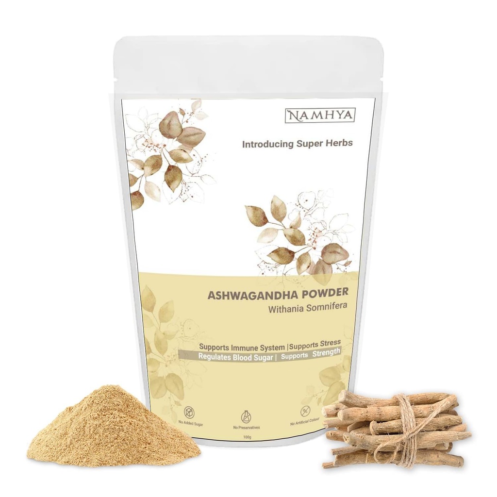 Namhya Ashwagandha Powder | 100g (50 Servings) | Reduces Stress, Boosts Energy, Immunity, Testosterone & Thyroid Support | Pure Ashwagandha | Natural, No Preservatives | Balances Vata, Kapha