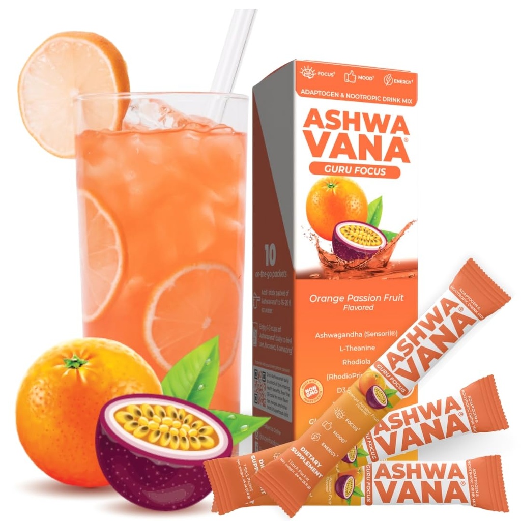 Ashwavana Ashwagandha & Vitamin D Drink Mix With L-Theanine, K2, Rhodiola, 100MG Time-Release Caffeine - Orange Passion Fruit Flavor. America's #1 Ashwa Drink