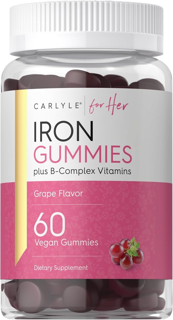 Carlyle Iron Gummies | Plus B-kompleksi vitamiinid | 60 Vegan Gummies | Viinamarjamaitse | Mitte-GMO, Gluteenivaba toidulisand